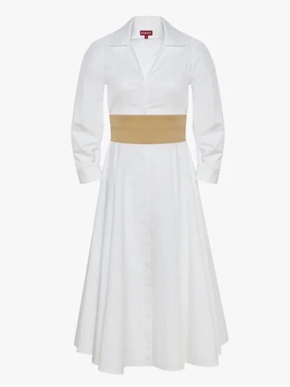STAUD White Long‑Sleeve Shirtwaist Dress with Tan Waistband